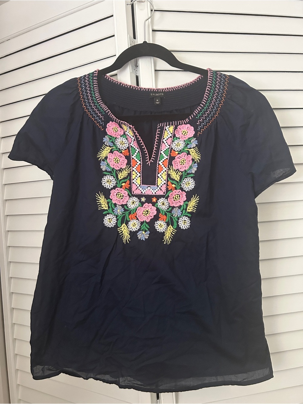 Talbots Navy Short-Sleeve Floral Embroidered Top